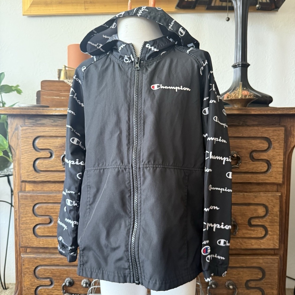 Champion Kids Colorblock Script Logo Windbreaker Hooded Jacket Black Size 7